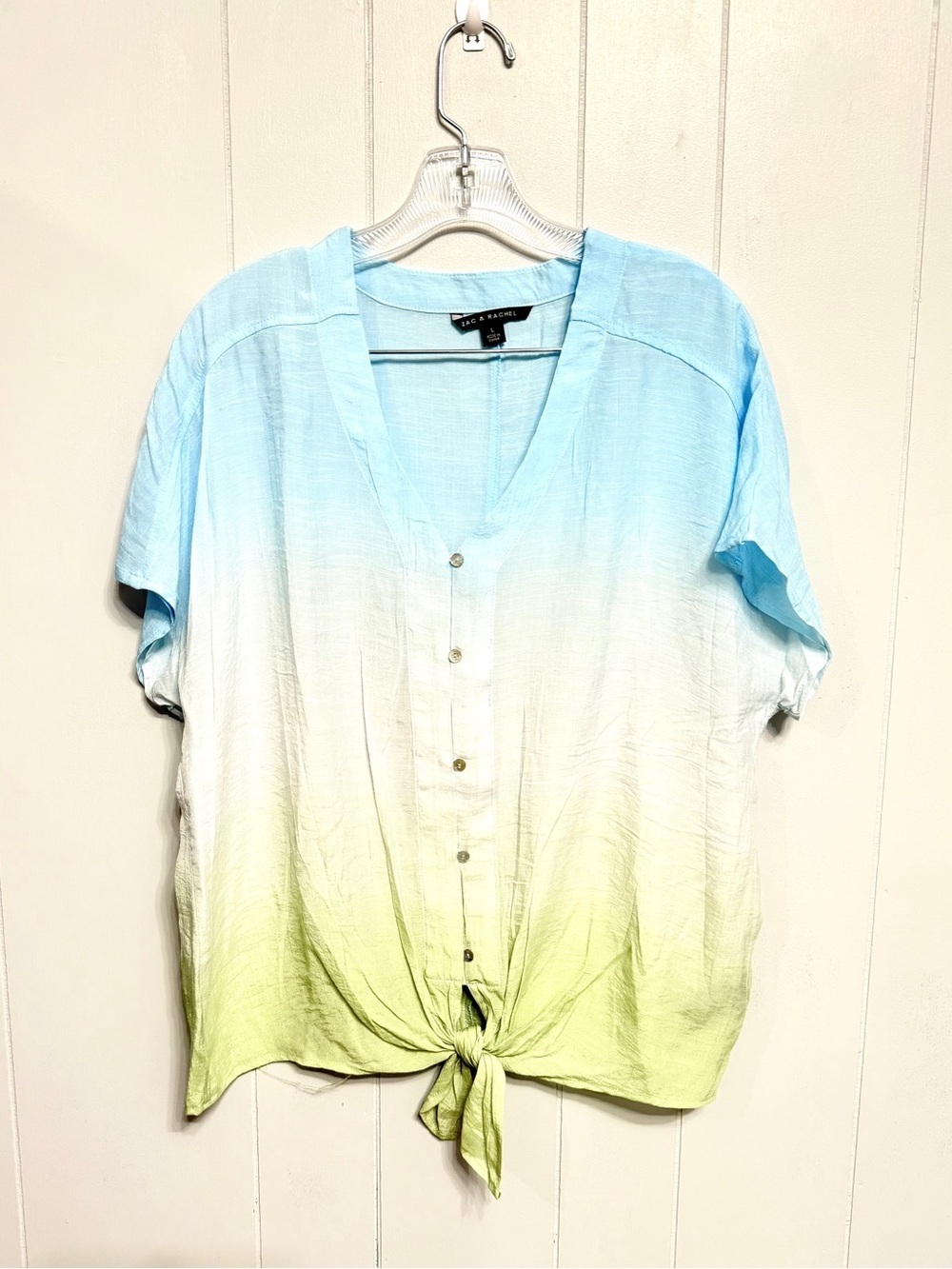 #18)  Zac & Rachel Light Blue to Light Green Ombre Button-Front Tie Top